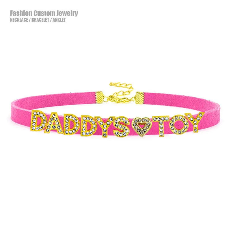 Sexy Gold Color Letters Daddys Toy Choker Collar Necklace Men Women Ddlg Role Age Play Suede Leather Chocker Cosplay Jew