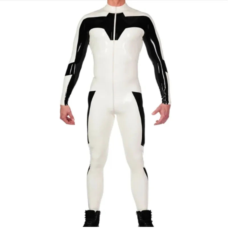 White And Black Latex Catsuit No Socks Front Crotch Zip For Men Costumes