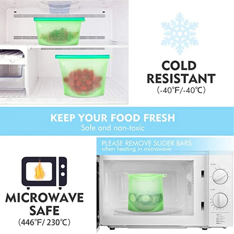 Silicone Bags Reusable Food Airtight Seal Grade For Vegetable Liquid Snack Meat