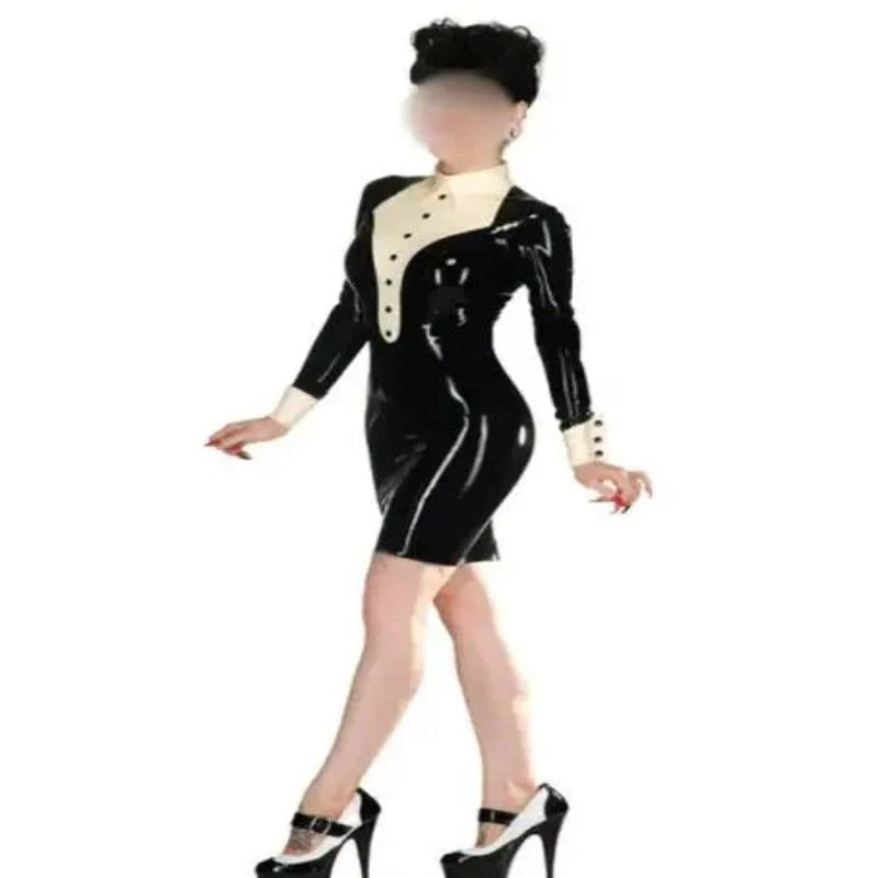 Women Latex Tuxedo Dress Long Sleeves Rubber Back Zip Club Wear