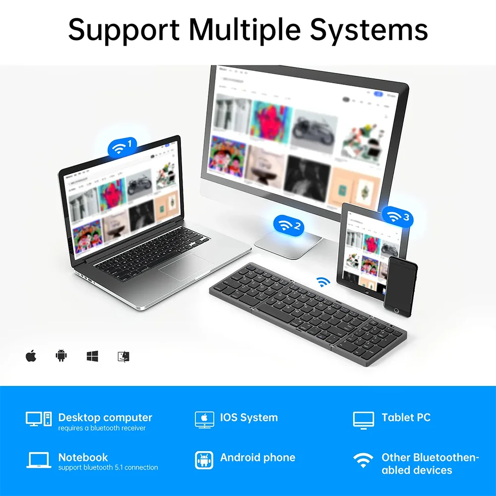 Foldable Wireless Bluetooth Keyboard Rechargeable Folding For Ipad Mobile Tablet Notebook Office Mini