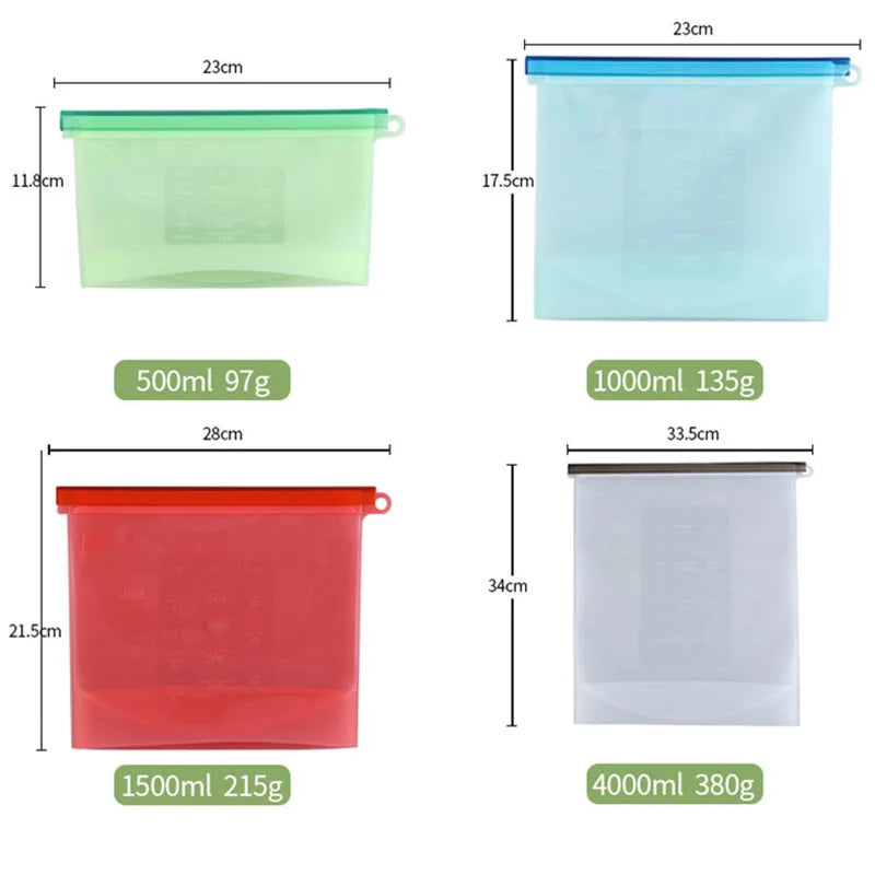 Silicone Bags Reusable Food Airtight Seal Grade For Vegetable Liquid Snack Meat