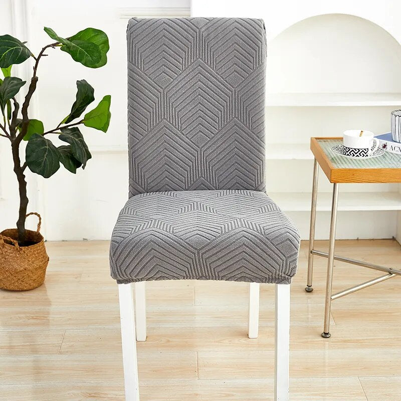 Chair Cover Dark Grey Geometric Lines Design Elastic Material For Dining Room