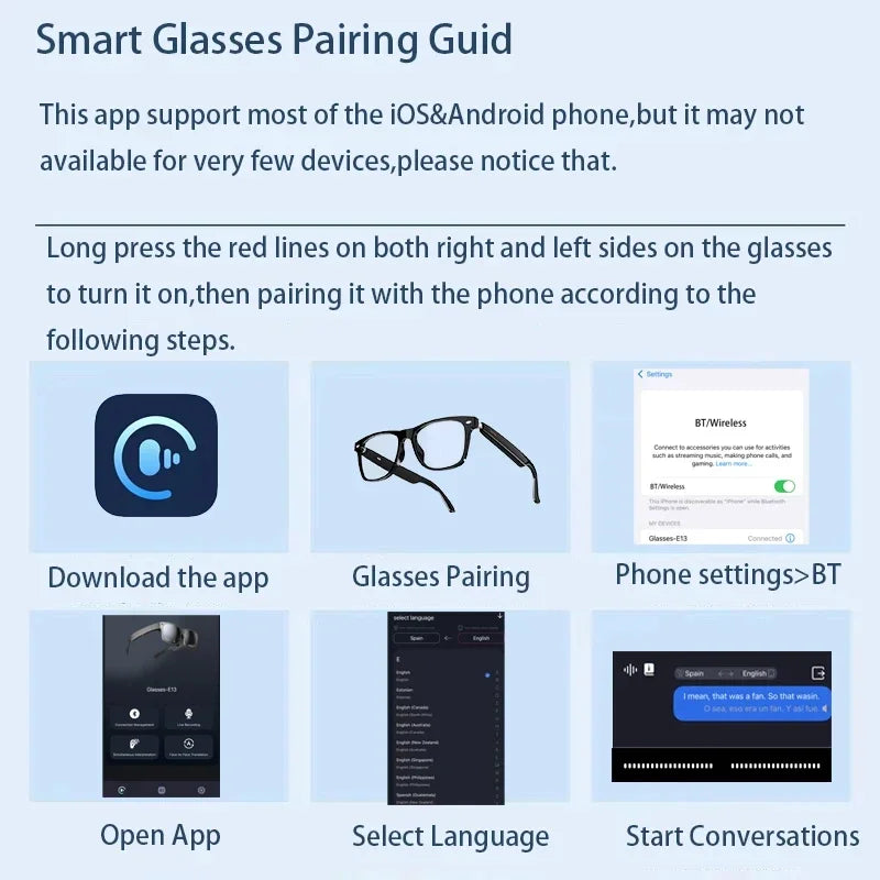 Smart Glasses Ai Translation 100+ Languages Real Time Bluetooth Music Sunglasses Men Women