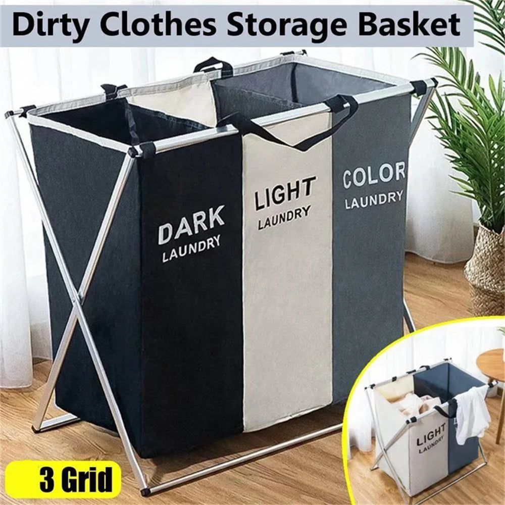 3 Grids Laundry Basket Foldable Dirty Clothes Organizer Bathroom Waterproof Storage Large Hamper Three New