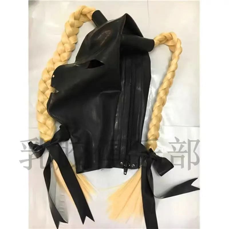 100 Percent Latex Mask Rubber Unisex Hood With Pigtails Fetish Two Braid Wigs Headgear Customized