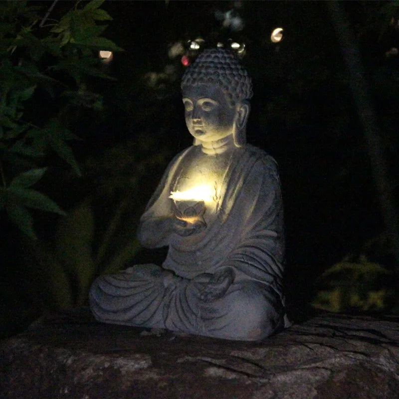 Resin Solar Buddha Statue Sculpture Garden Decor Light Zen Asian Japanese Decoration Outdoor