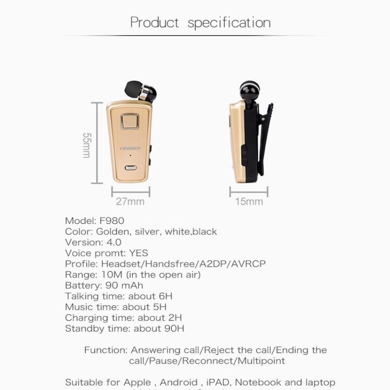 Retractable Bluetooth Headset With Caller Reminder And Anti Theft Feature