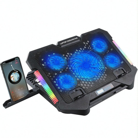 5 Fan Laptop Cooling Pad With Adjustable Stand And Phone Holder