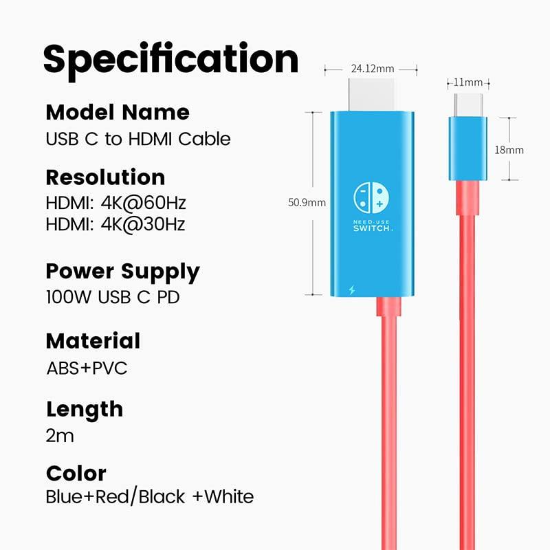 6.6 Foot Type C To Hdmi Cable For 4K Television And Nintendo Switch