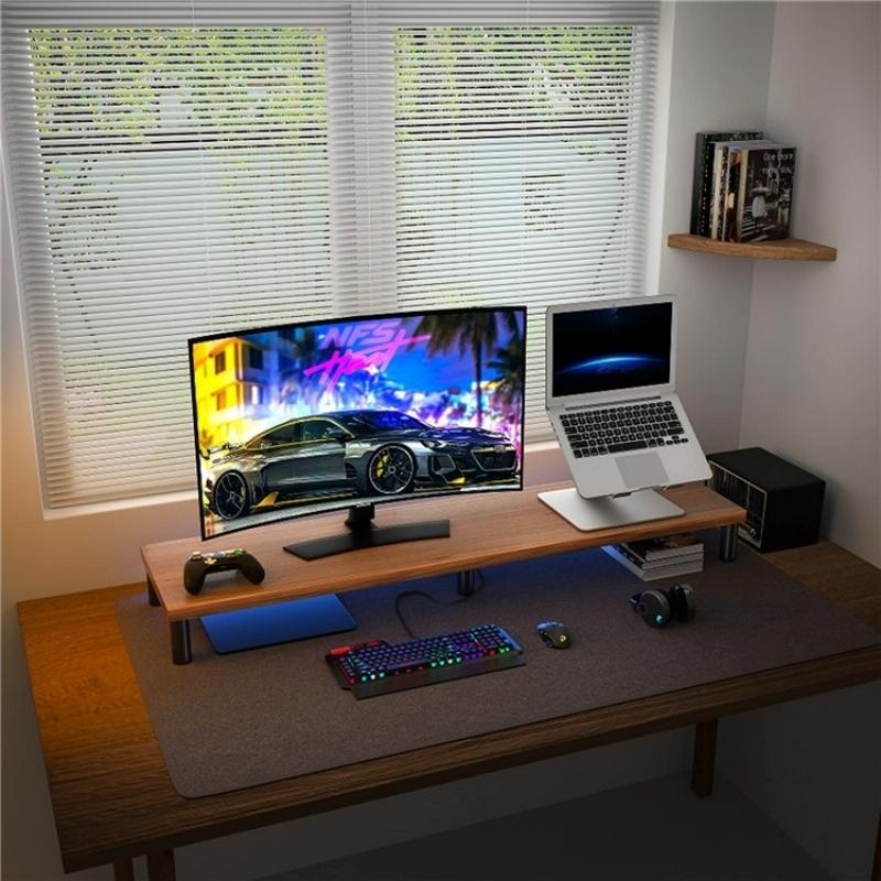 Aluminium Alloy Desktop Monitor Stand With Wooden Plate For Computer Screens