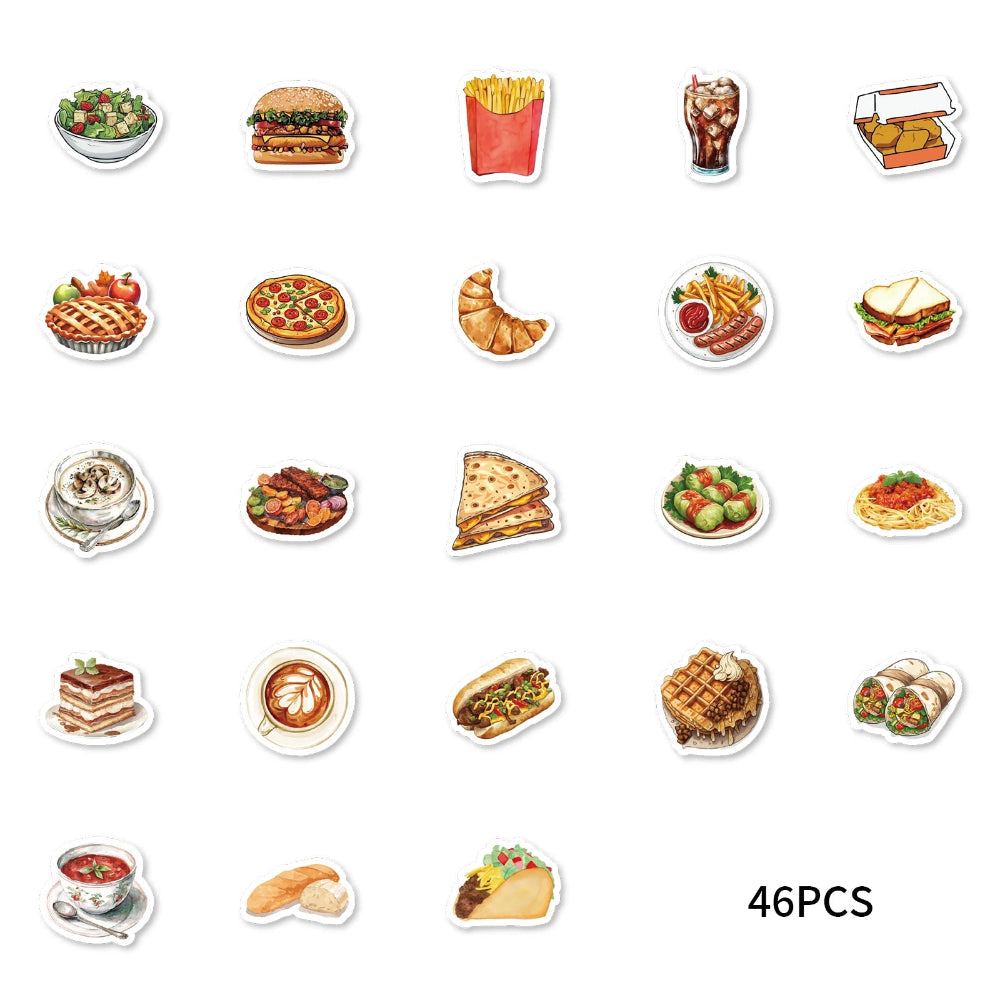 46Pcs Burger Pizza Coffee American Food Theme Stickers Decorated Notebook Water Bottle Diary Classic Toy Scrapbook Diy D