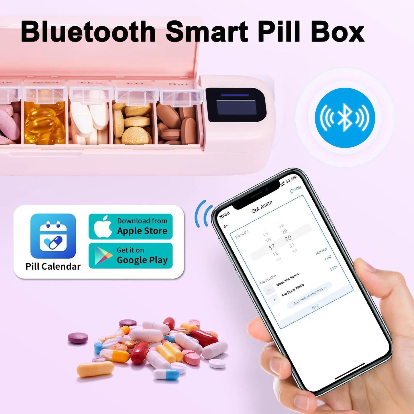 Bluetooth Smart Electronic Pill Case With Timer Clock 7 Day Portable Dispenser Box