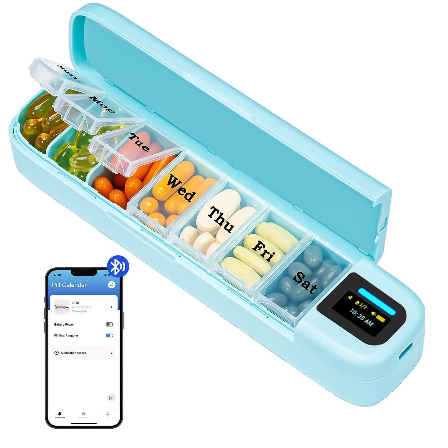 Bluetooth Smart Electronic Pill Case With Timer Clock 7 Day Portable Dispenser Box