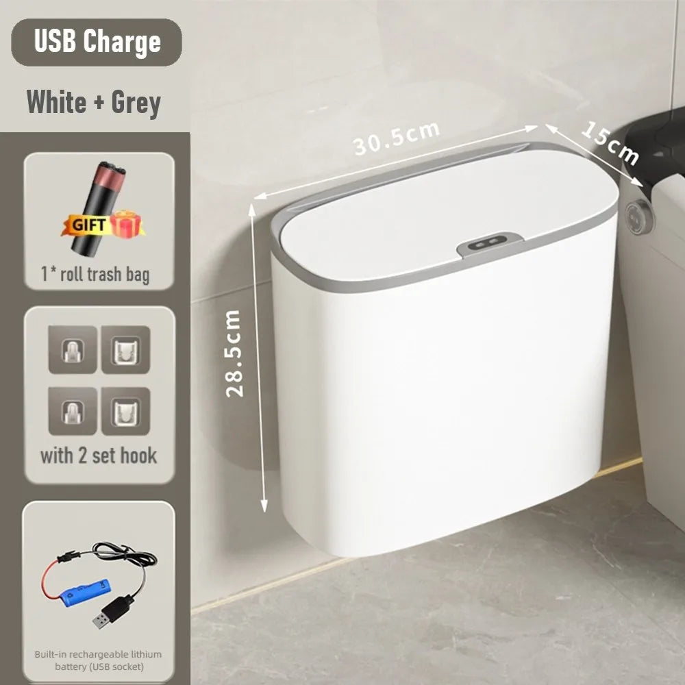 Wall Mounted 14L Smart Sensor Waterproof Electric Trash Can Waste Bin White