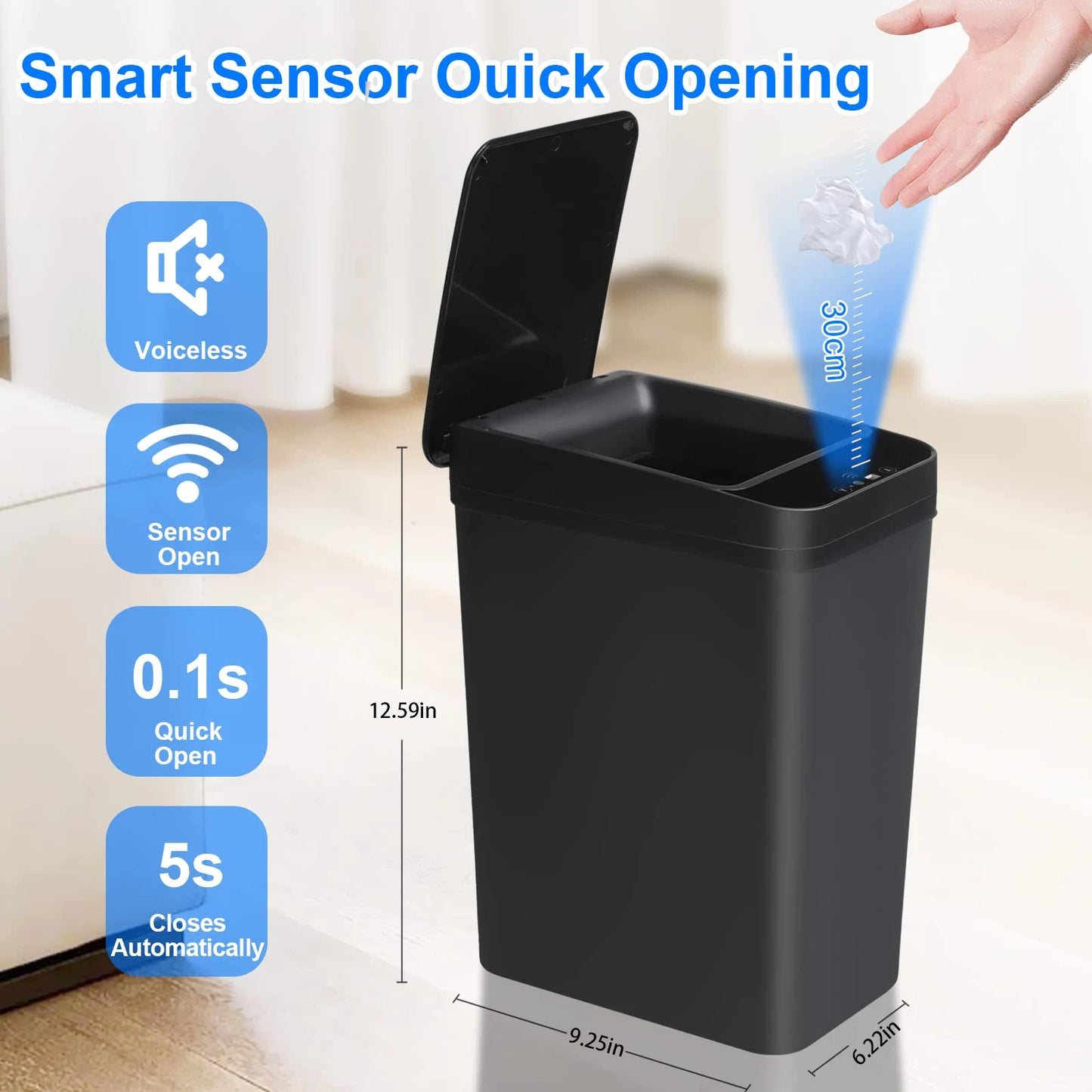 Bathroom Touchless Trash Can 12L Automatic Motion Sensor Lid Odor Proof Bin