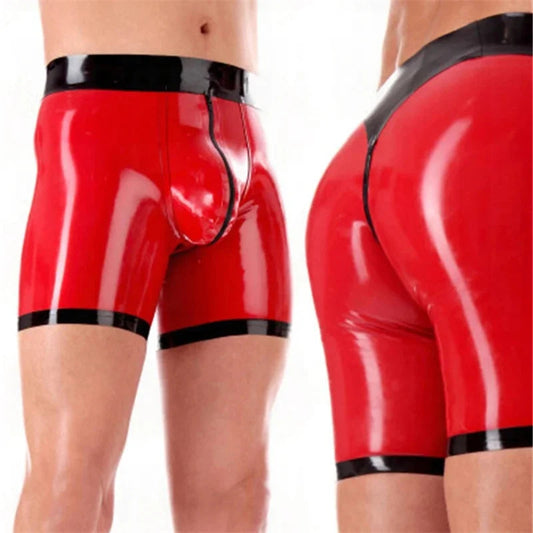 Red And Black Latex Rubber Shorts With Crotch Zip For Men U Pouch Design