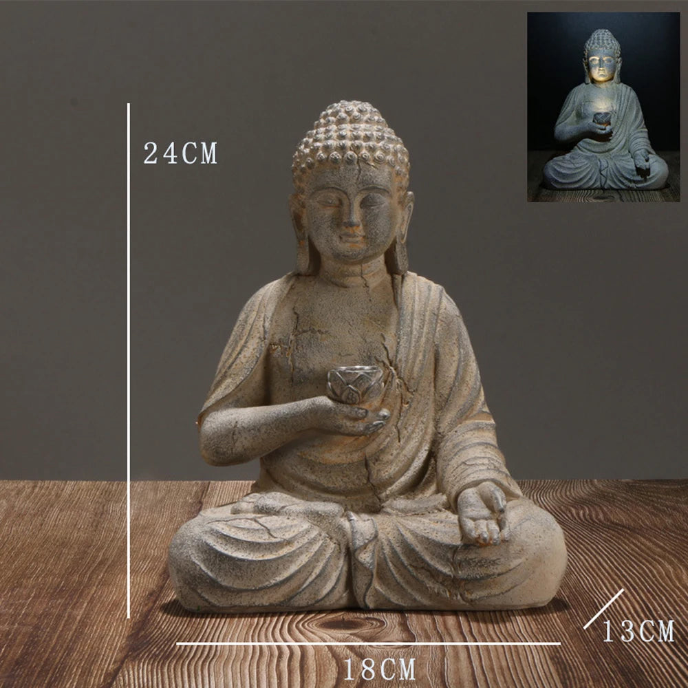 Resin Solar Buddha Statue Sculpture Garden Decor Light Zen Asian Japanese Decoration Outdoor