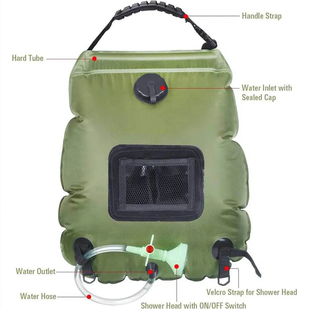Solar Shower Bag 20L Outdoor Heating Premium Camping Hot Water Temperature 45Ac With Removable Hose Head