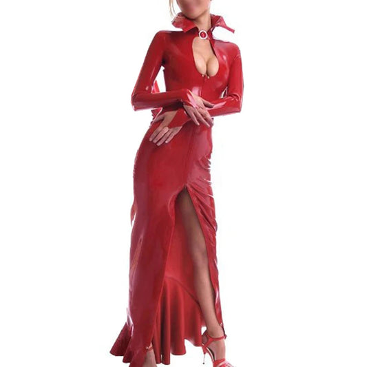 Red Latex Evening Gown Handmade Clothing Front Zip Fish Tailed For Men Women