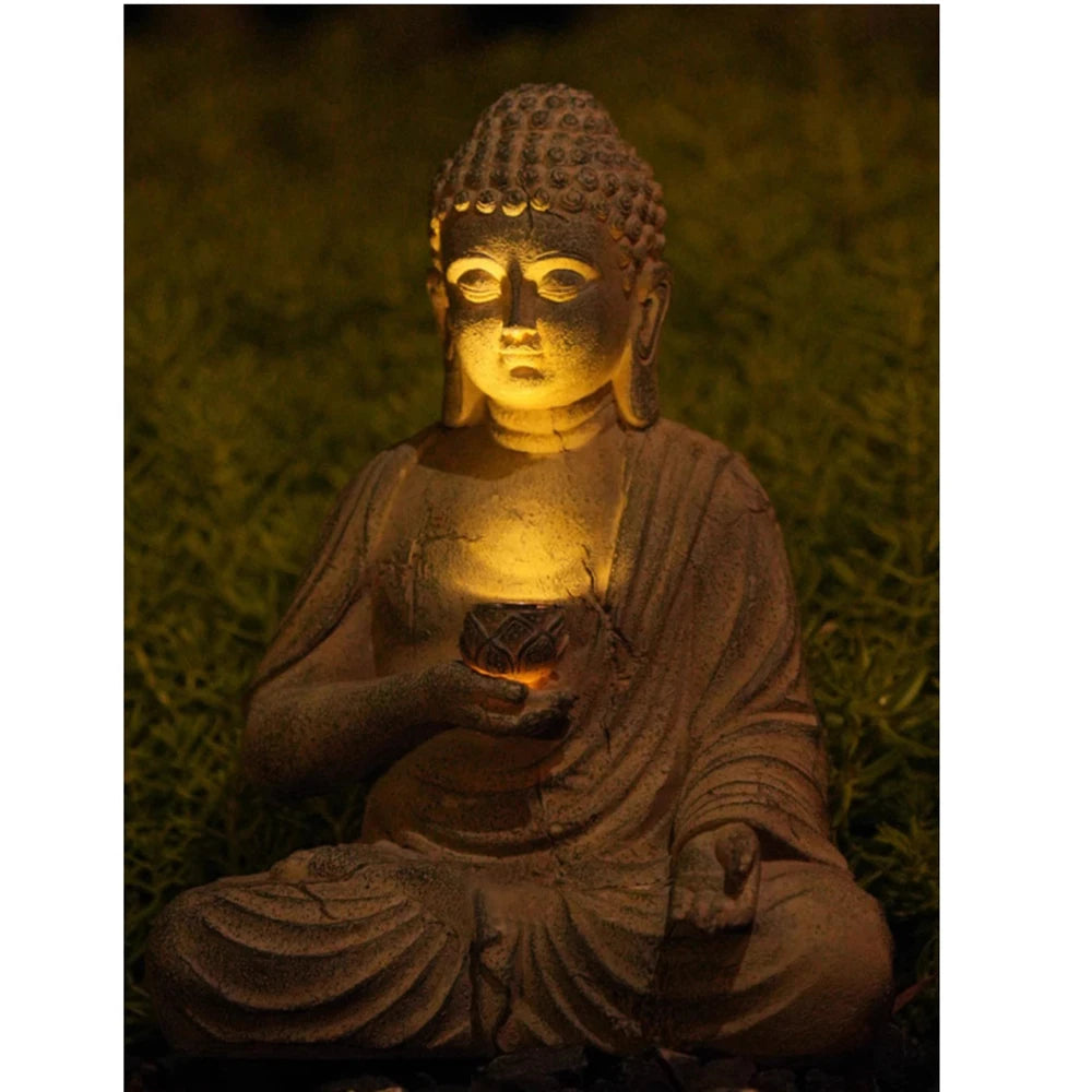 Resin Solar Buddha Statue Sculpture Garden Decor Light Zen Asian Japanese Decoration Outdoor
