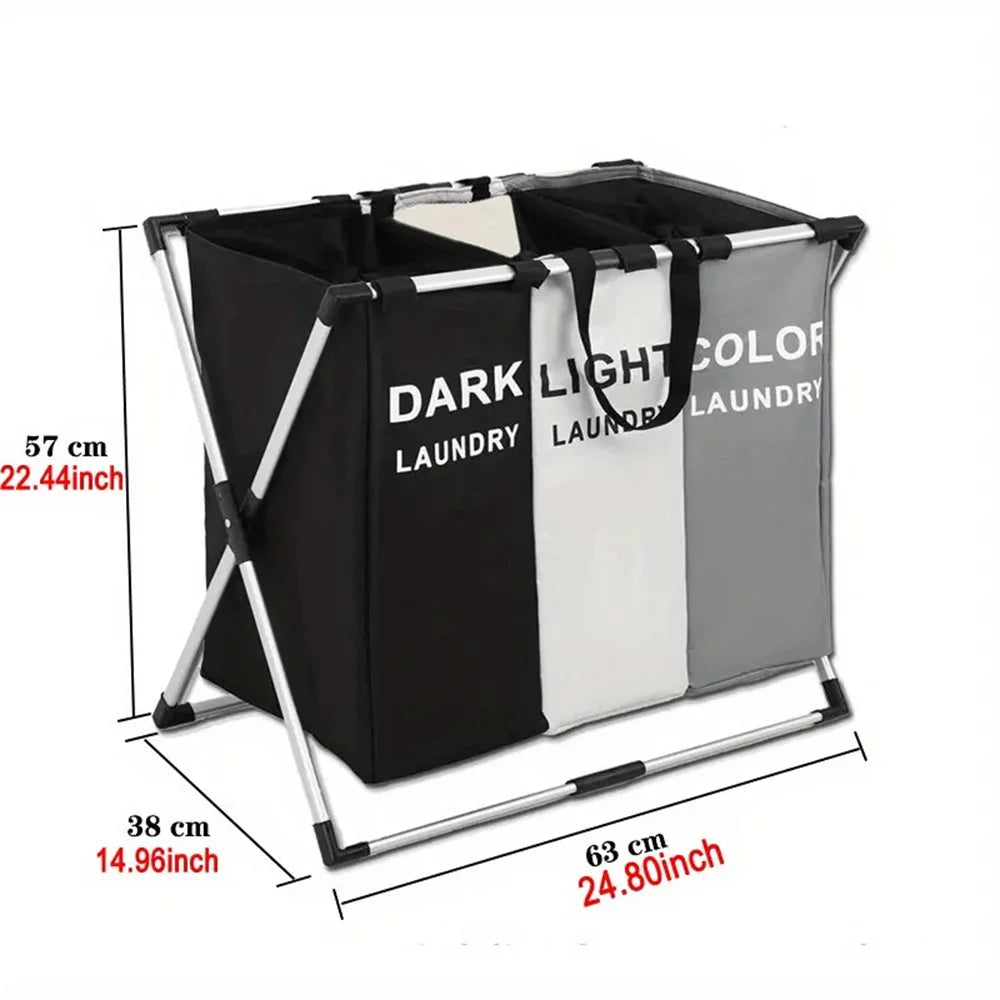 3 Grids Laundry Basket Foldable Dirty Clothes Organizer Bathroom Waterproof Storage Large Hamper Three New