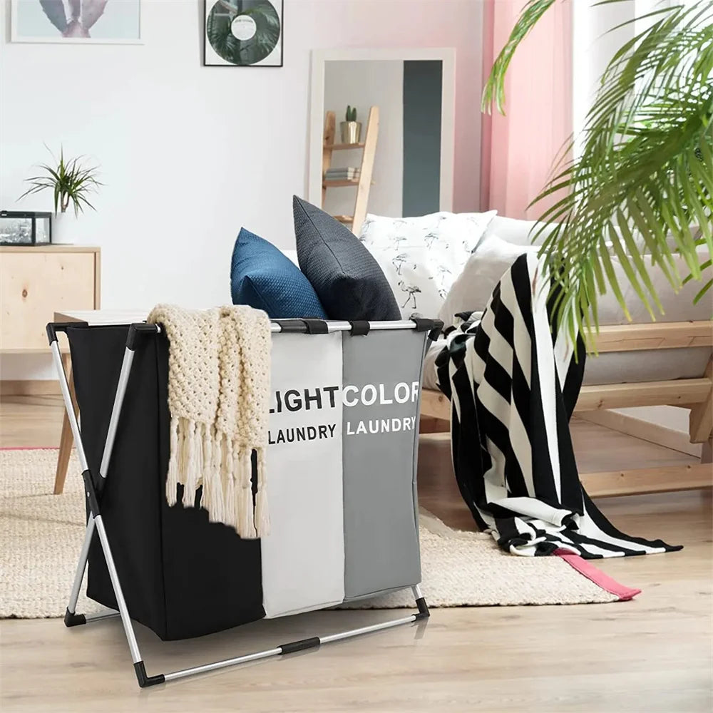 3 Grids Laundry Basket Foldable Dirty Clothes Organizer Bathroom Waterproof Storage Large Hamper Three New