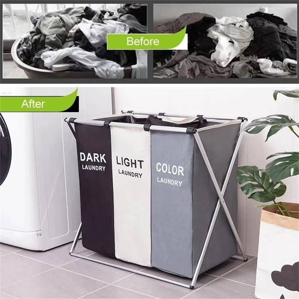 3 Grids Laundry Basket Foldable Dirty Clothes Organizer Bathroom Waterproof Storage Large Hamper Three New