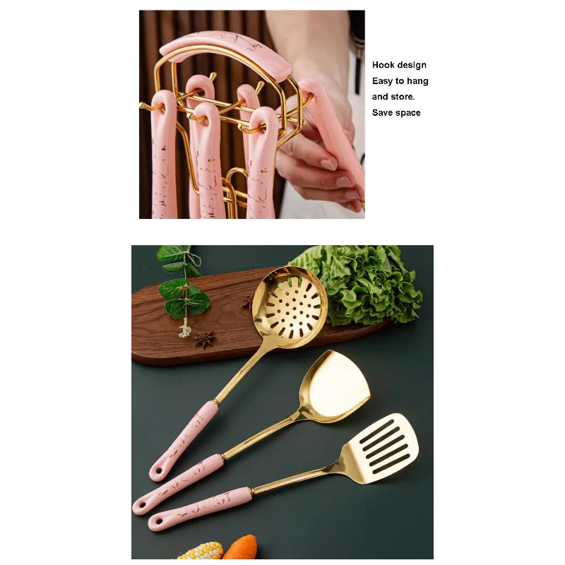 White Gold Stainless Steel Kitchen Utensil Set 7 Piece Golden Cooking Tools With Stand