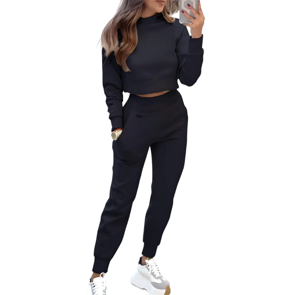 Stand Collar Sports Suit Fashion Pullover Long Sleeves Short Top And Slim Trousers With Pockets Solid Outfits Women's Cl