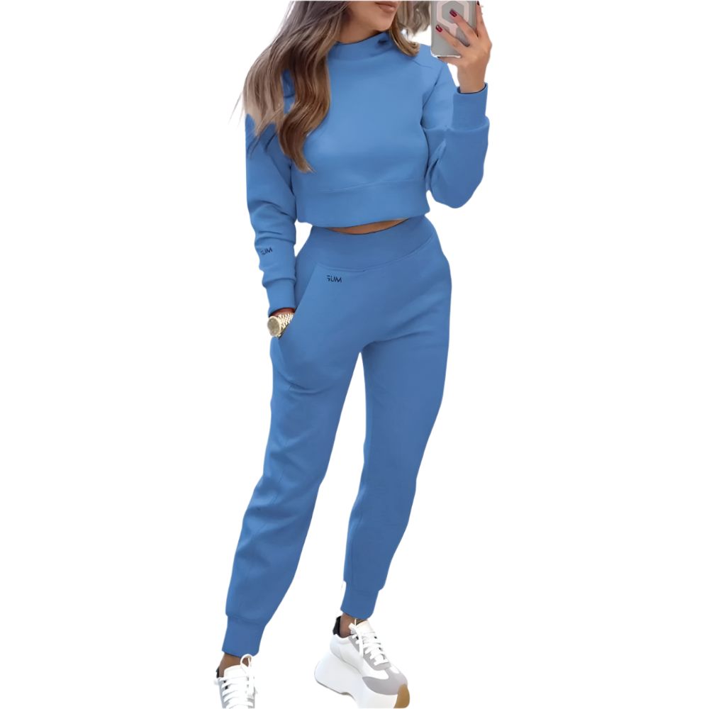 Stand Collar Sports Suit Fashion Pullover Long Sleeves Short Top And Slim Trousers With Pockets Solid Outfits Women's Cl