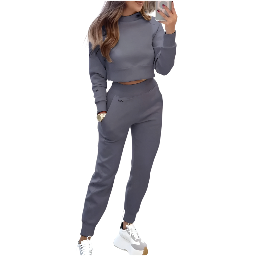 Stand Collar Sports Suit Fashion Pullover Long Sleeves Short Top And Slim Trousers With Pockets Solid Outfits Women's Cl