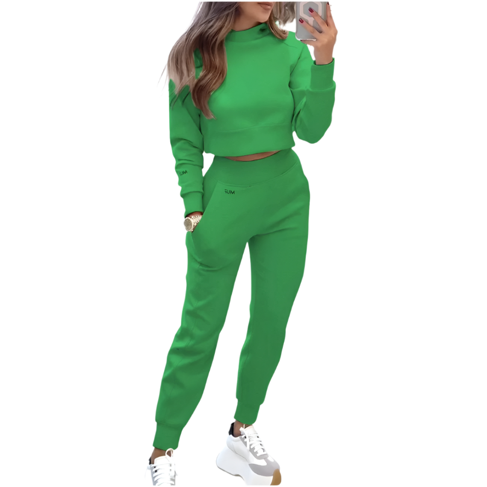 Stand Collar Sports Suit Fashion Pullover Long Sleeves Short Top And Slim Trousers With Pockets Solid Outfits Women's Cl