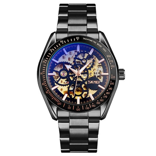 Veile Studios Men Automatic Skeleton Mechanical Watch With Steel Band Black