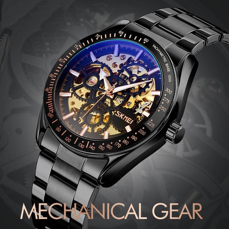 Veile Studios Men Automatic Skeleton Mechanical Watch With Steel Band Black