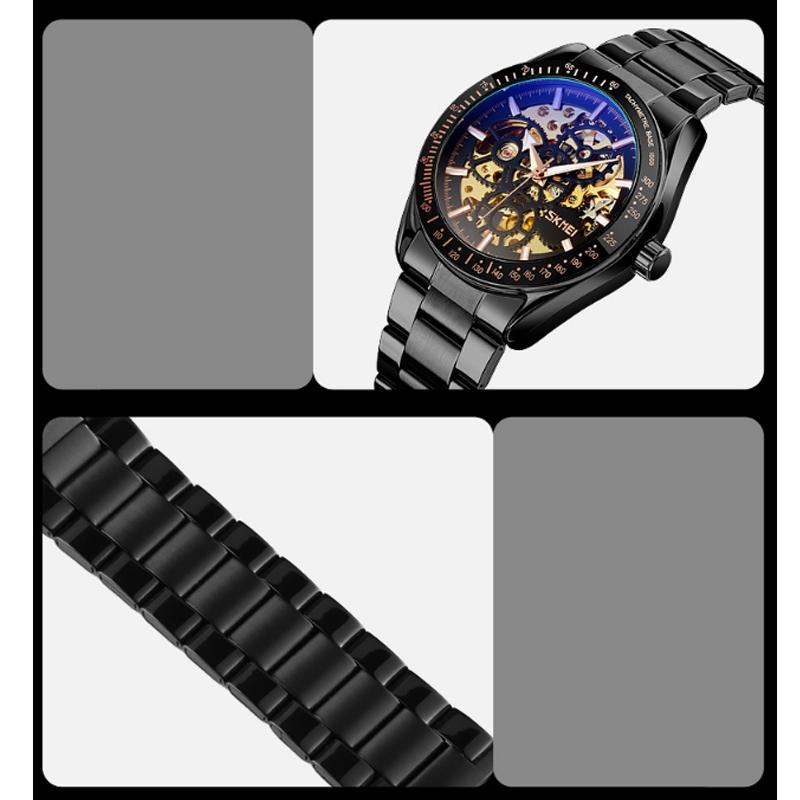 Veile Studios Men Automatic Skeleton Mechanical Watch With Steel Band Black