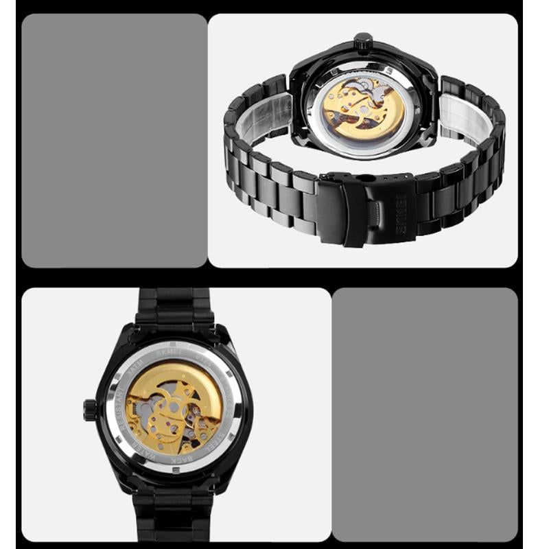Veile Studios Men Automatic Skeleton Mechanical Watch With Steel Band Black