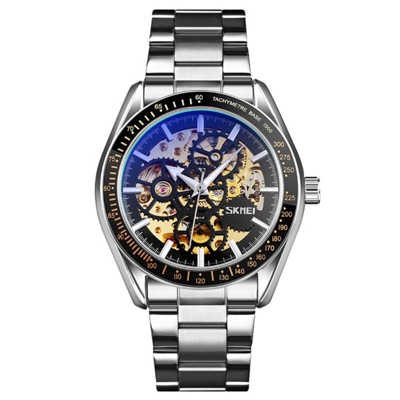 Veile Studios Silver Steel Band Automatic Skeleton Watch For Men With Hollow Design