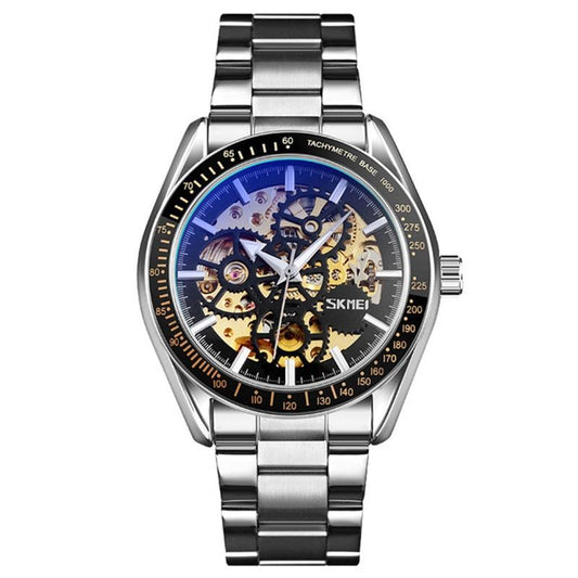 Veile Studios Silver Steel Band Automatic Skeleton Watch For Men With Hollow Design