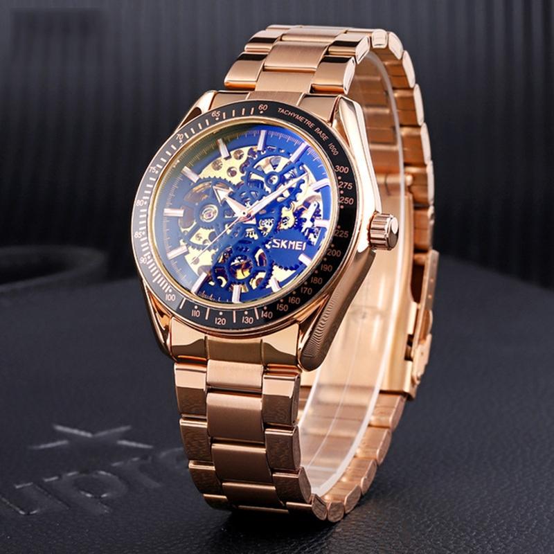 Veile Studios Silver Steel Band Automatic Skeleton Watch For Men With Hollow Design