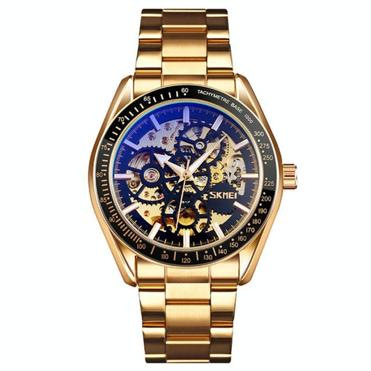 Veile Studios Golden Black Face Men Automatic Skeleton Watch With Steel Band