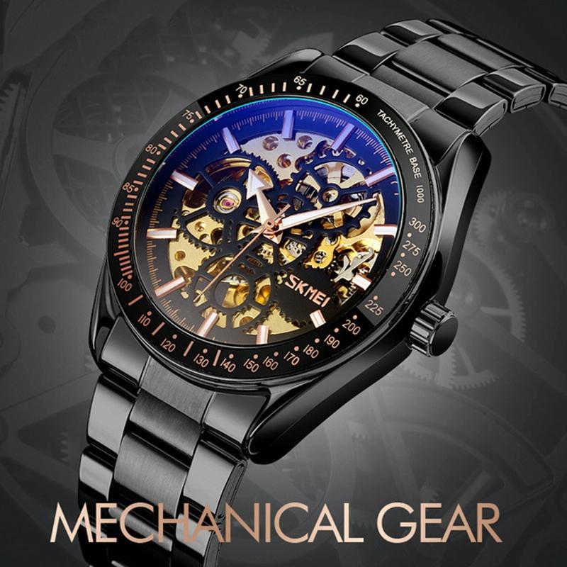 Veile Studios Golden Black Face Men Automatic Skeleton Watch With Steel Band