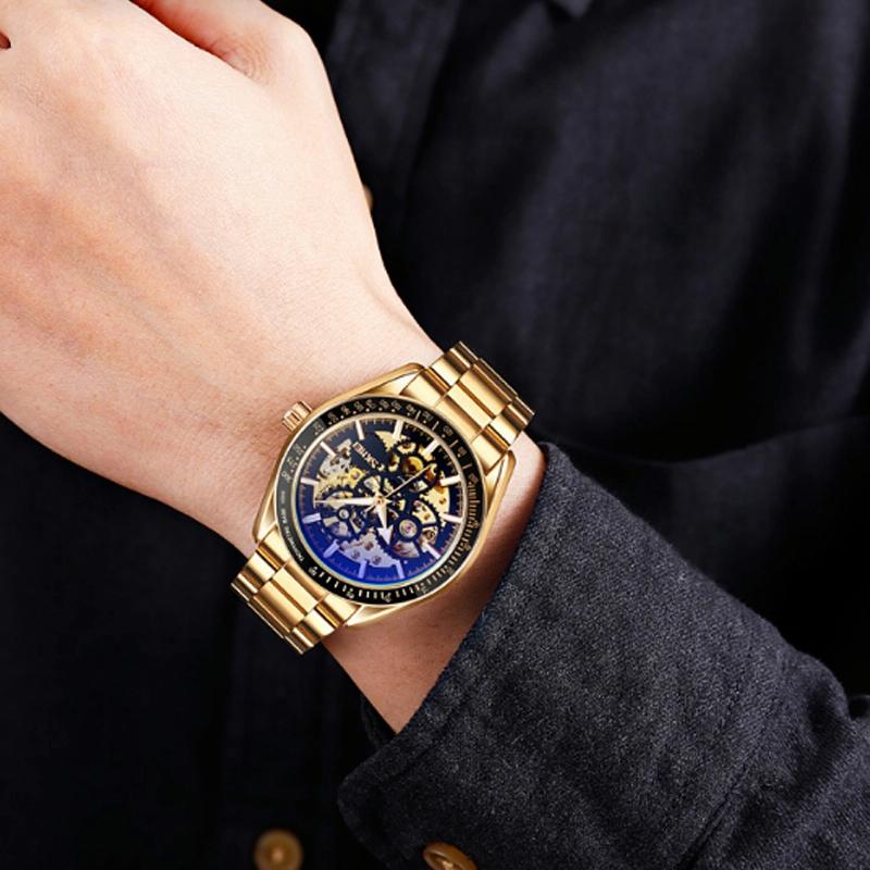 Veile Studios Golden Black Face Men Automatic Skeleton Watch With Steel Band
