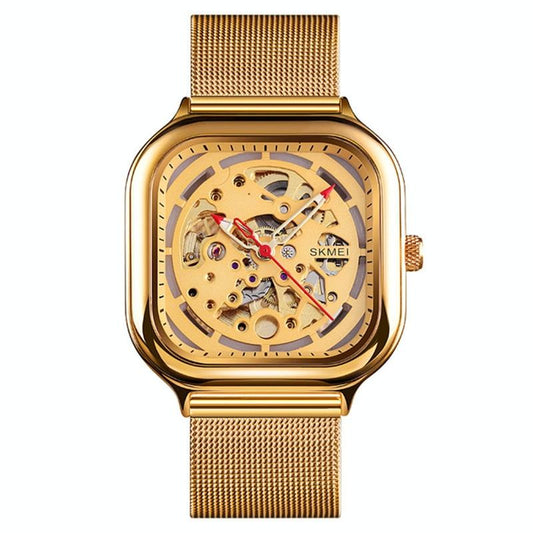 Veile Studios Men's Automatic Tourbillon Watch With Hollow Square Mesh Gold Luxury Timepiece