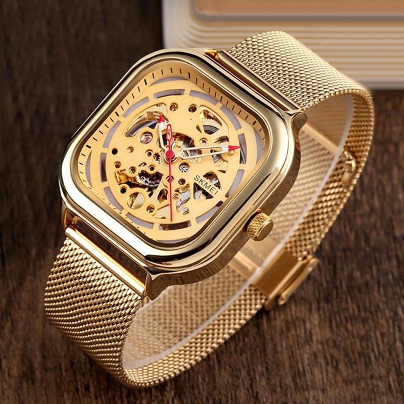 Veile Studios Men's Automatic Tourbillon Watch With Hollow Square Mesh Gold Luxury Timepiece