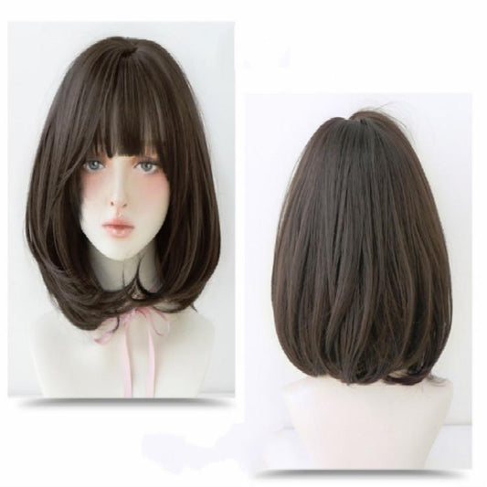 40 Centimetre Short Hair Wig With Bangs For Round Face In Chocolate Colour