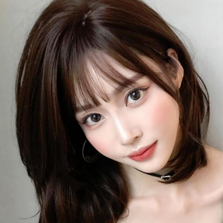 40 Centimetre Short Hair Wig With Bangs For Round Face In Chocolate Colour