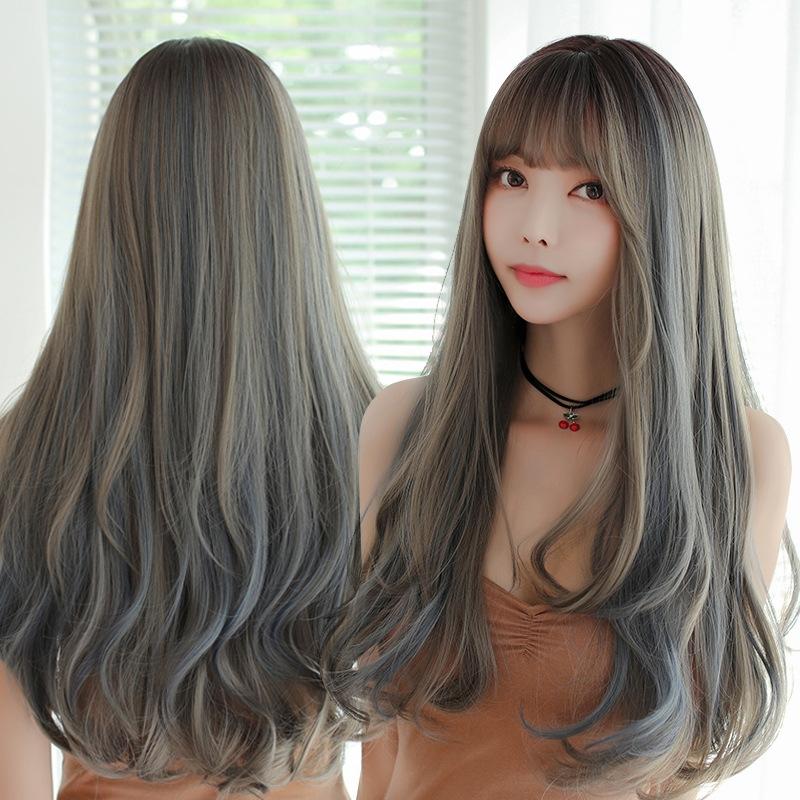 Silk Mist Blue Curly Wig For Girls High Temperature Long Hair Extensions