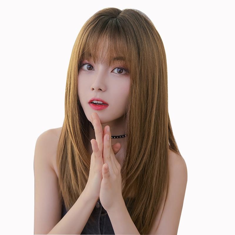 Sleek Long Hair Wig Set With Air Bangs In Honey Tea Colour