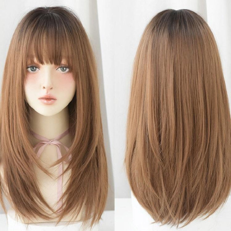 Sleek Long Hair Wig Set With Air Bangs In Honey Tea Colour